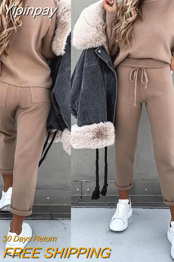 Yipinpay Women Solid Lantern Sleeve Top & Drawstring Pockets Design Pants Set Casual Women Sets